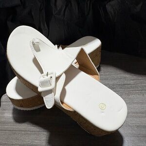 White Foam Cork Wedge Thong Sandals with Buckle Detail - Women